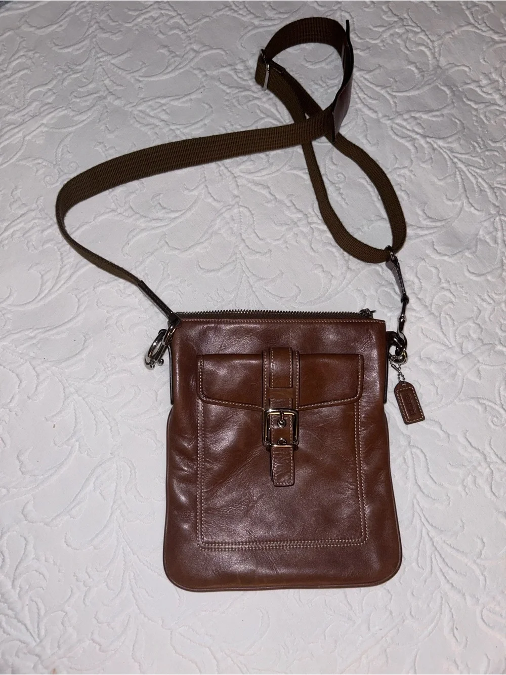 Coach Brown Leather Crossbody Bag with Buckle Detail & multi pockets